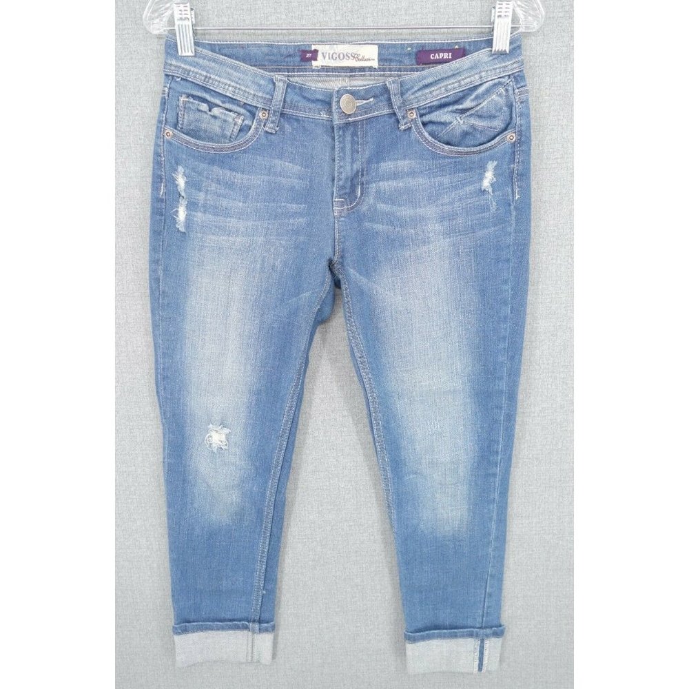 Vigoss Jeans Womens 27 Blue Skinny Capri Stretch Cuffed Distressed Denim